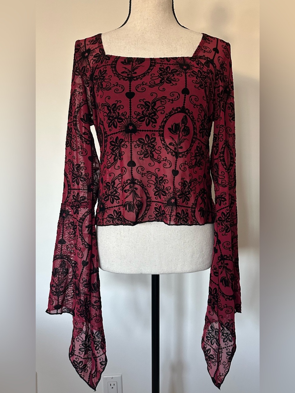 Whimsigoth Red Black Velvet Burnout Mesh Long Bell Sleeve Crop Top Goth Grunge - Picture 2 of 9